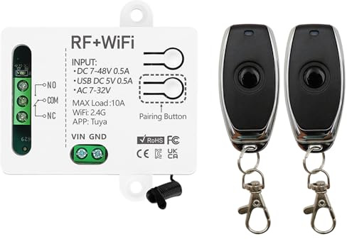 DieseRC Tuya 1 Channel WiFi Smart Switch, DC 5V 12V 24V 36V Passive Output Relay Module, with 2X RF Remote Control, Compatible with Alexa/Google Home