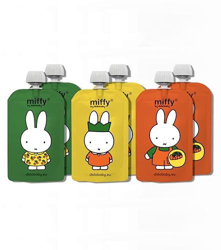 Buste Riutilizzabili per Pappa Bebè (Set da 6) – Sacchetti Ricaricabili per Purea, Yogurt e Frutta, Senza BPA, Anti-Perdita, Lavabili in Lavastoviglie e Congelatore – Miffy x Didobaby