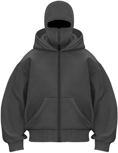 OLIPHEE Sweat à Capuche Homme Sweat Zippé Homme Veste Chaude Hoodie Homme Balaclava Cagoule Moto Masque Anti-Vent Sweat Homme pour Sports de Plein Air Cagoule de Vélo Automne Hiver Gris Foncé S