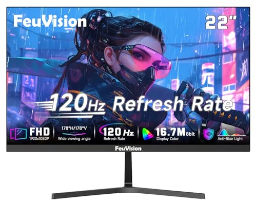 FeuVision 22 Zoll Computer Monitor, FHD 1080p, 120Hz PC Monitor, 99% sRGB, 3-Sided Frameless, Ultra Slim, VESA Mountable, Anti-Blue Light Design, Tilt Adjust, HDMI, VGA