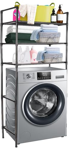 VIIROUD Mensola per WC, portaoggetti sopra WC, mobile per lavatrice, scaffale superiore con 3 ripiani, in metallo, 72 x 25 x 155 cm, nero