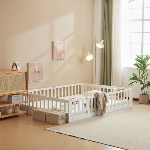 LALAHO Montessori Lit d'enfant Lit au Sol 90x200 cm - Bois Massif avec Porte et Barrière Sécurisée - 12 Lattes Renforcées, Garde-Corps Intégré - pour Enfants et Bébés (Blanc)