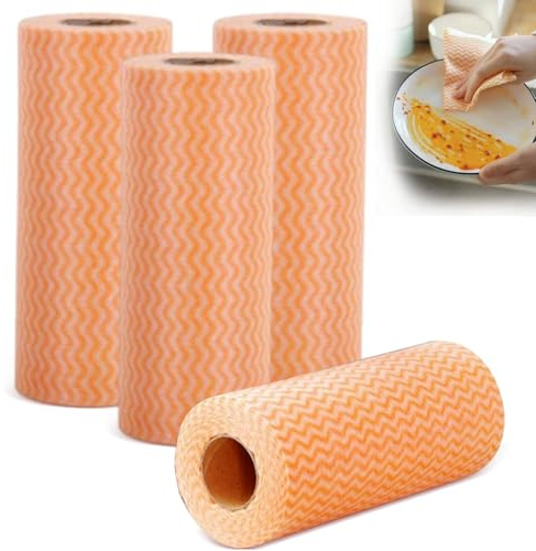 Toallitas en rollo, 4 rollos reutilizables J Cloth, paños de cocina no tejidos, paños de limpieza, paños de limpieza multiusos para salón, cocina, mesa de comedor (naranja)