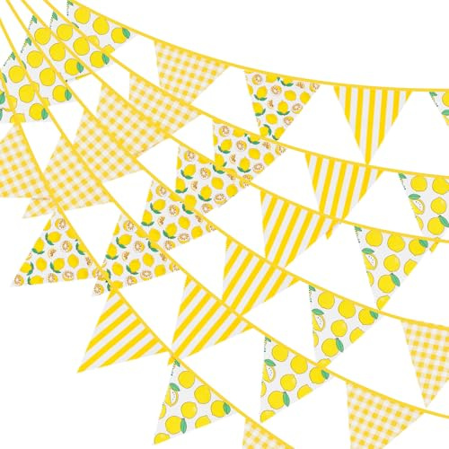 G2PLUS Lemon Fabric Bunting Banner: 12M Gingham Garden Bunting, 42PCS Yellow Cotton Stripe Pennant, 19x21CM Triangle Garland Banner for Kid's Bedroom, Summer Celebration, Birthday, Baby Shower