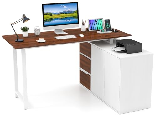 COSTWAY L-format skrivbord med laddningsstation och arkivskåp, hörnskrivbord vändbart med 3 lådor och 2 dörrar, datorbord av trä med metallram för hem och kontor (brun)