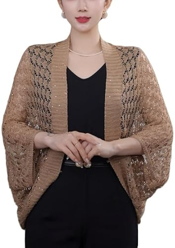 Cárdigan De Punto De Ganchillo para Mujer, Bolero con Lentejuelas Brillantes, Chal Corto Informal De Verano para Mujer, Abrigo Fino, Chaqueta para Vestidos De Boda, Noche, Marrón