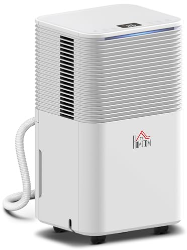 HOMCOM Deshumidificador 10L/día, Depósito 2L, Silencioso, Deshumidificador Eléctrico con 3 Modos, Pantalla LED, Temporizado 24 H, Bloqueo Infantil y Drenaje Continuo, hasta 8-12㎡, Blanco