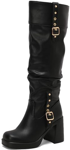 SJJH Stivali al ginocchio da donna con plateau | fibbie e borchie stivali 9 cm altezza stile punk gite, Nero , 42 EU