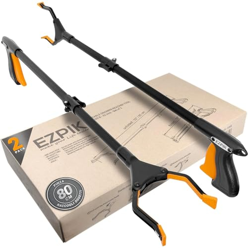 EZPIK® 2x Pince Ramasse Dechets de 80 cm pour Personnes Âgées et Handicapés + Aimants - Pince Telescopique Rotative et Pliante pour Attraper les Objets - Pince Ramasse Objet (2 Unités, Noir)