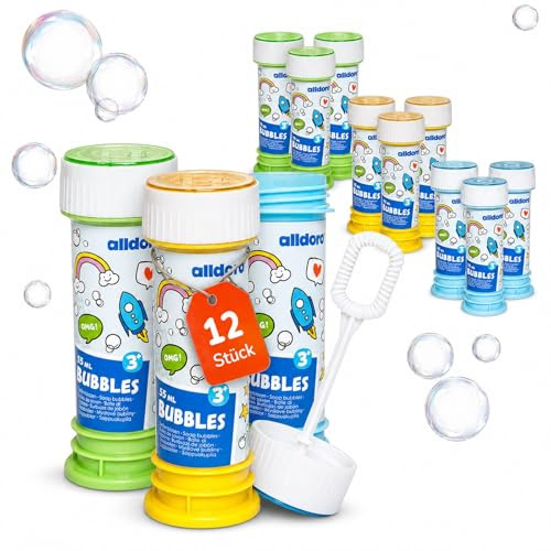 alldoro 63072 Bubble Fun Set de 12 Bulles de Savon, Chaque boîte de 55 ML de Liquide savonneux, pour Enfants à partir de 36 Mois & Adultes