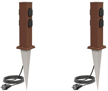 ledscom.de 2 Tomas de jardín Columna Polly con piqueta de Tierra y 2m de Cable para Exterior, IP44, 4 vías, marrón, Cuadrada, 40cm
