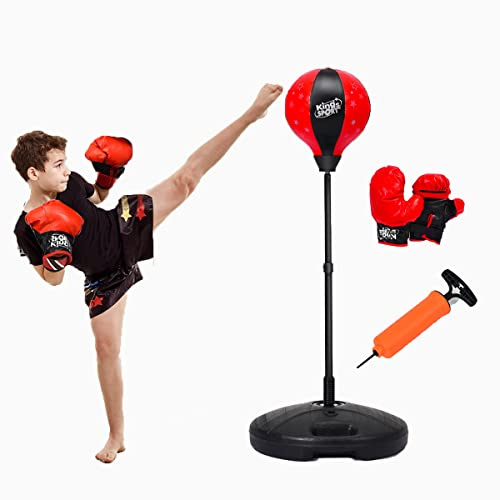 GYMAX Punching Ball Enfants Réglable en Hauteur 81-123 CM, Sac de Frappe sur Pied pour Enfant Plus 3 Ans, Kits de Boxe avec Gants de Boxe et Pompe à Air
