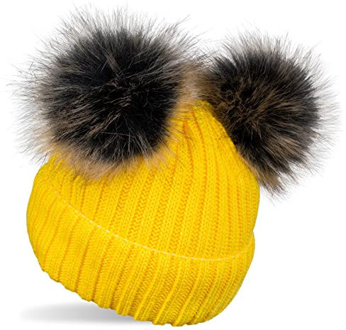 styleBREAKER Cappello a Maglia con 2 Pom Pom in Pelliccia Sintetica e Fodera in Pile, Cappello Invernale, Berretto a Maglia, 2-5 Anni 04024203, Colore:Giallo