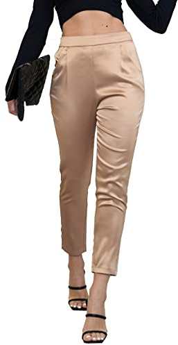 heipeiwa Pantaloni in Raso da Donna Abito Casual Plissettato Pull on Pantaloni a Vita Alta con Tasche, Drape Brownclassic, M