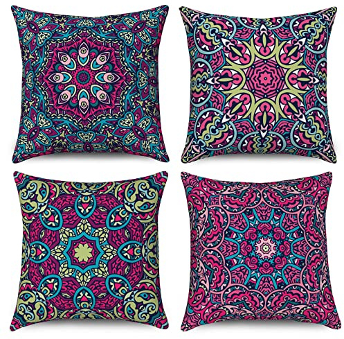 Hnmdmyi Kissenbezug Boho 40x40 4er Set, Retro Floral Mandala Kompass Medaillon Dekorative Kissenbezüge Bohemian Hippie Leinen Kissenhülle für Sofa Couch Bett Garten Outdoor Home Decor