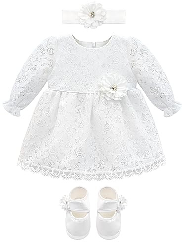 Lilax Abito da Bambina in Pizzo con Ricamo Floreale e Scarpe abbinate, per Battesimo, Bianco, 3-6 Months