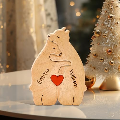 Personalisiertes Holzkunstpuzzle der Bärenfamilie mit 2-10 Namen, Personalisierte Familiennamen Skulpturen, Personalisierte Home Dekoration Geschenke für Weihnachten Geburtstage（2 Namen）