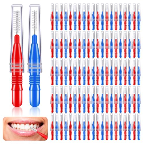 Tophoniex 100 Packs Interdental Brush Toothpicks, Dental Floss Head Dental Tooth Brush Oral Dental Flosser Stick Toothpick Tooth Cleaner with Storage Box (Red and Blue)