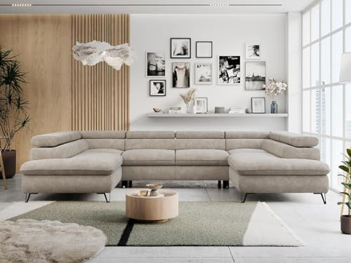 MKS MEBLE Sofa U-Form Beige, Wohnlandschaft U-Form, Sofa mit Schlaffunktion und Bettkasten, Schlafsofa mit Bettkasten, Couch mit Verstellbare Kopfstützen - Peter U - Beige Struktur