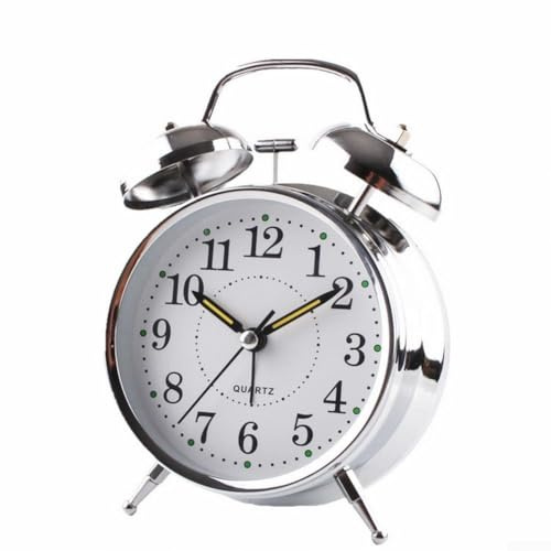 Twin Bell Alarm Clock, Double Bell Alarm Clock with Luminous Hands and Hour Dots, Chrome Electroplated Metal Case, Classic Retro Bedside Table Clock for Bedroom Office Decor, Battery Operated Silver