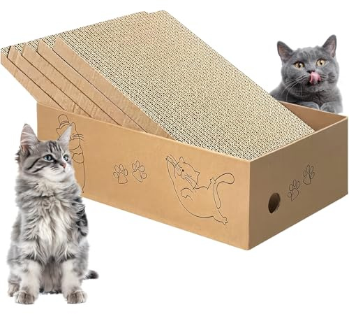 Cat Scratching Board with Box, 5 Layers Design Cat Scratching Pad, Corrugated Scratch Bed for Indoor Kitty, 5 in 1 Replacement Cardboard Refill Pad