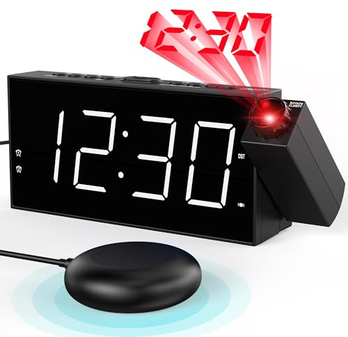 Sveglia Digitale con Proiezione Soffitto, Sveglia da Comodino A Vibrazione, Multifunzione Orologio Proiettore con Porta USB, Batteria Backup, Doppia Allarme, Luminosità Regolabile e Volume, 12/24H