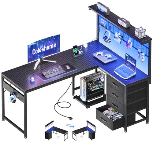 Coleshome Gaming Tisch mit LED, 130 × 100 cm Reversibler Gaming Schreibtisch mit Schubladen & Steckdosen, Eckschreibtisch mit Ablagefach & Stauraum, Kohlefaser Schwarz