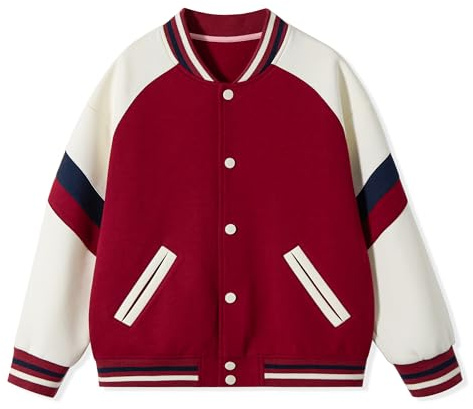 Rolanko Girls Boys Baseball Jacket Varsity Style School Sweatjacket with Pockets Bomber Coat Outwear for Kids