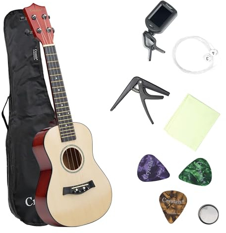 Crystal 23 Concert Ukulele for Beginners – Natural Wood Ukulele for Kids & Adults with Felt Pick and Spare Strings – Ideal for Learning and Practice