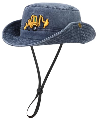 QKURT Sombrero para el Sol para Niños, Sombrero Tipo Pescador con Protección Solar para el Verano, Correa Ajustable y Desmontable para el Cuello, Gorra de Vaquero con Patrón de Excavadora de 2-4 Años