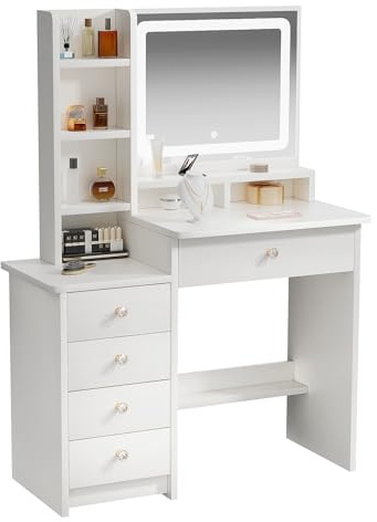 ZenkiHome Tavolino da Toilette, Frisiertisch Bianco con Grande Specchio e Illuminazione Regolabile, 90 Cm Tavolino da Toilette per Ragazze e Adulti