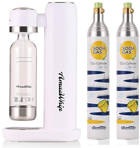 NextWhip Duo Set con due cilindri di CO2 da 60 l e un gorgogliatore di soda bianco perfetto per l'acqua frizzante a casa, ideale per gli amanti delle bevande e alternativa ecologica