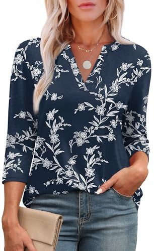Aokosor Womens 3/4 Sleeve Tops Ladies Blouses V Neck T Shirts Fashion Dressy Tunic Blouses Curved Hem Size 10-12 Deep Blue White Floral