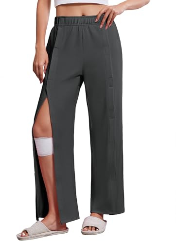 Deyeek Womens Tear Away Pants for Post Hip Surgery Recovery Snap On Pants Breakaway Surgical Zipper Sweatpants with Pockets Dark Grey