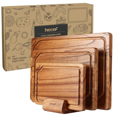 hecef 3-Piece Wooden Chopping Board Set with Stand – Durable Reversible Cutting & Serving Boards with Juice Grooves, Built-in Handles, Easy to Clean, for Kitchen, Housewarming or Wedding