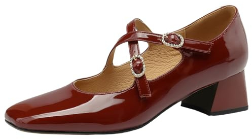 BULVJ Mary Jane Escarpins en cuir véritable avec bout carré pour femme avec sangle croisée et talon bloc, rouge bordeaux, 40 EU