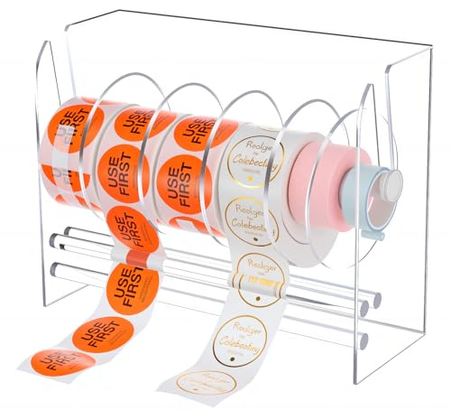 1 Pc Adjustable Label Dispenser 6 Disks Sticker Roll Holder Sticker Dispenser Clear Label Roll Holder Acrylic Tape Organizer Stand for Office Home Desktop