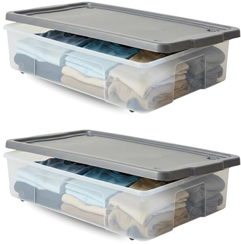 SIDSONS - 2x Clear 47L Rolling Underbed Storage Box - Plastic Container Boxes With Silver Lid & Wheels - Organizer Under Bed Stackable Bin - Space Saving For Bedroom, Home & Office