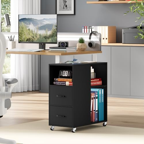 HOCSOK Mobile File Cabinet, Office Filing Cabinet with Open Shelves and Drawers, Under Desk File Cabinet, Black