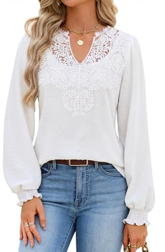 Fashora Haut Manche Longue Femme Dentelle Blouses | col en v, poignets élastiques, manches à bulles, ample, top dentelle, chic et élégant, printemps, automne