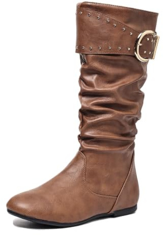 Slouchy rynkade knähöga stövlar för kvinnor platta western cowboy ridstövlar, Pu brun 1 spänne, 39.5 EU | med spänne nit rem dekor vardagliga höga vinterstövlar för semester fest shopping gatustil födelsedag