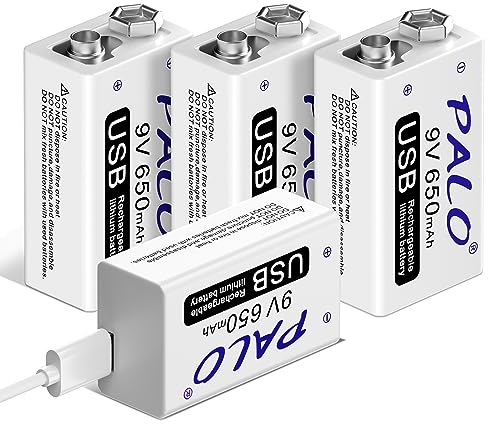 CITYORK 9V Akku wiederaufladbare, 9V Block Batterien 650mAh Li-Ion mit USB-Schnellladekabel für Keyboard, Mikrofon, Rauchmelder - 4 Stück