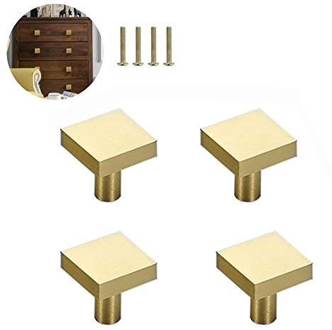 4 Pièces Boutons de Tiroir en Laiton, Poignée de Meuble Boutons de Placard Traditionnel Laiton Carré Massif Monotrou Petite Poignée, pour Placard de Cuisine, Armoire, Tiroir (20 mm * 20 mm)