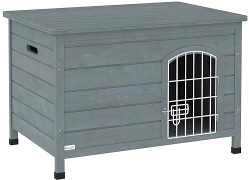 PawHut Wooden Dog House with Removable Bottom, Outdoor Dog Kennel with Wire Door, Openable Top, Pet Shelter for Small Dogs, 80 x 55 x 53.5cm, Grey