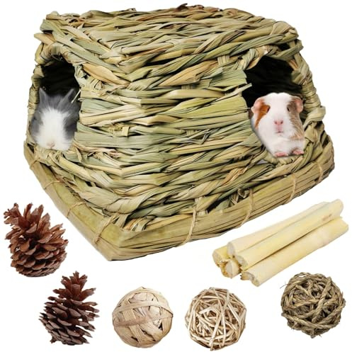 PINVNBY Guinea Pig Grass House Bunny Hay Hideout Tunnel Small Pet Straw Hut with Chew Toys for Bunny Hamster Rat Chinchilla Hedgehog Gerbil (Ball at Random)