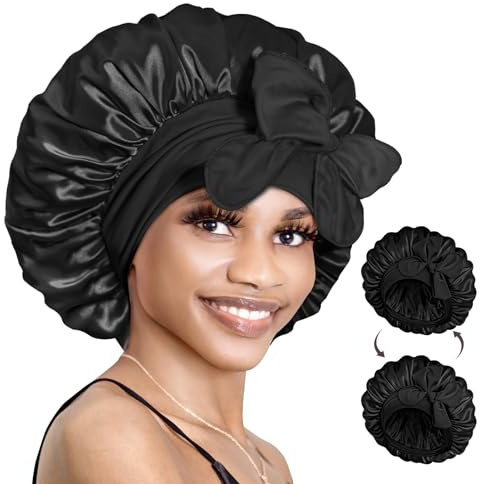 BONNET QUEEN Bonnet Satin Cheveux Nuit pour Dormir, Bonnet en Satin Double Couche Reversible pour Cheveux Charlotte Locks Bouclés, Ajustable avec Long Elastique pour Femmes et Hommes, Noir,Moyen