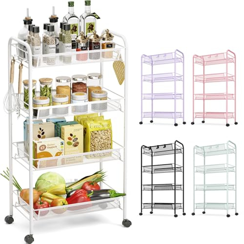 TOOLF 4-Tier Rolling Cart, Metal Utility Cart with 3 Hooks, Easy Assemble Mobile Storage Trolley On Wheels, Metal Shelving Units Kitchen Bathroom Laundry Room