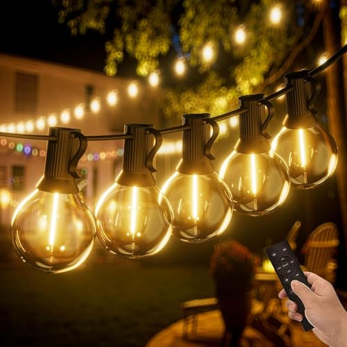 Yuucio Guirlande Lumineuse Extérieure Télécommande, 60M LED Guirlande Guinguette Étanche Intérieur Guirlande avec 100+4 G40 Plastique Ampoules pour Terrasse Parti Patio Café 2700K Blanc Chaud