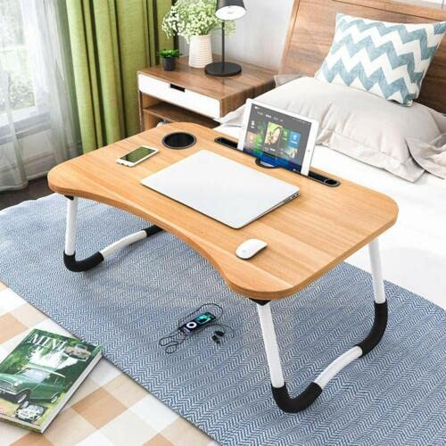 Laptop Bed Table | Lap Table Dorm Desk Notebook Stand Reading Holder | Serving Tray Dining Table with Cup Holder | Bed Tray Laptop Desk for Eating Breakfast (Wodden With Cup Hold)