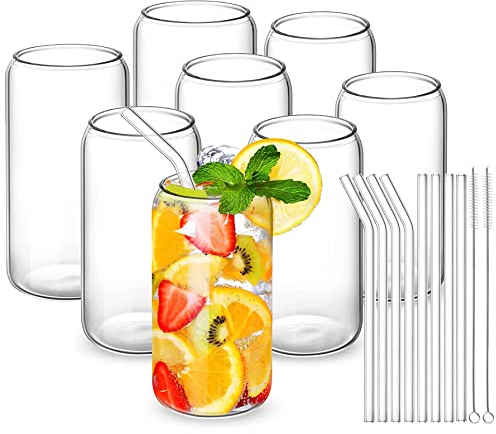 MEIMUCUL Verre avec Paille,Lot De 8 Verre a Smoothie avec Paille,500ml Verres Matcha Latte,Gobelet a Cafe Canette,Réutilisables Gobelet pour Café Glacé, Cocktail, Smoothie,Soda, Bière